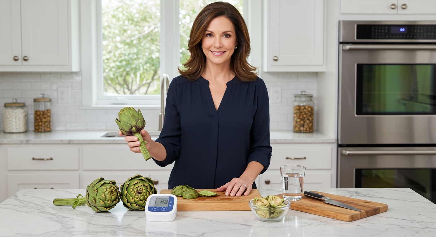 Middle-aged woman holding fresh artichoke behind marble counter with blood pressure monitor and artichoke hearts visible