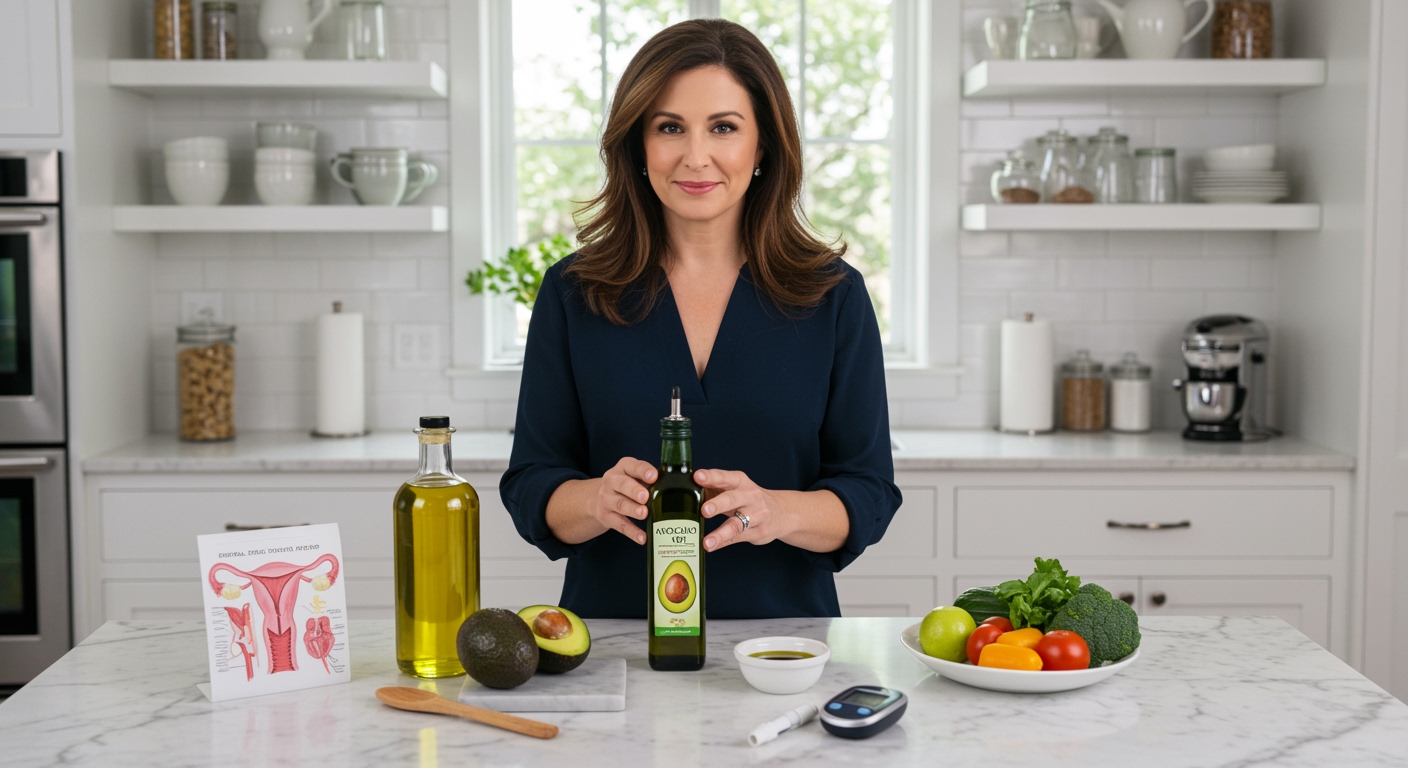 Woman standing behind marble counter with avocado oil bottle and health-related items in bright modern kitchen
