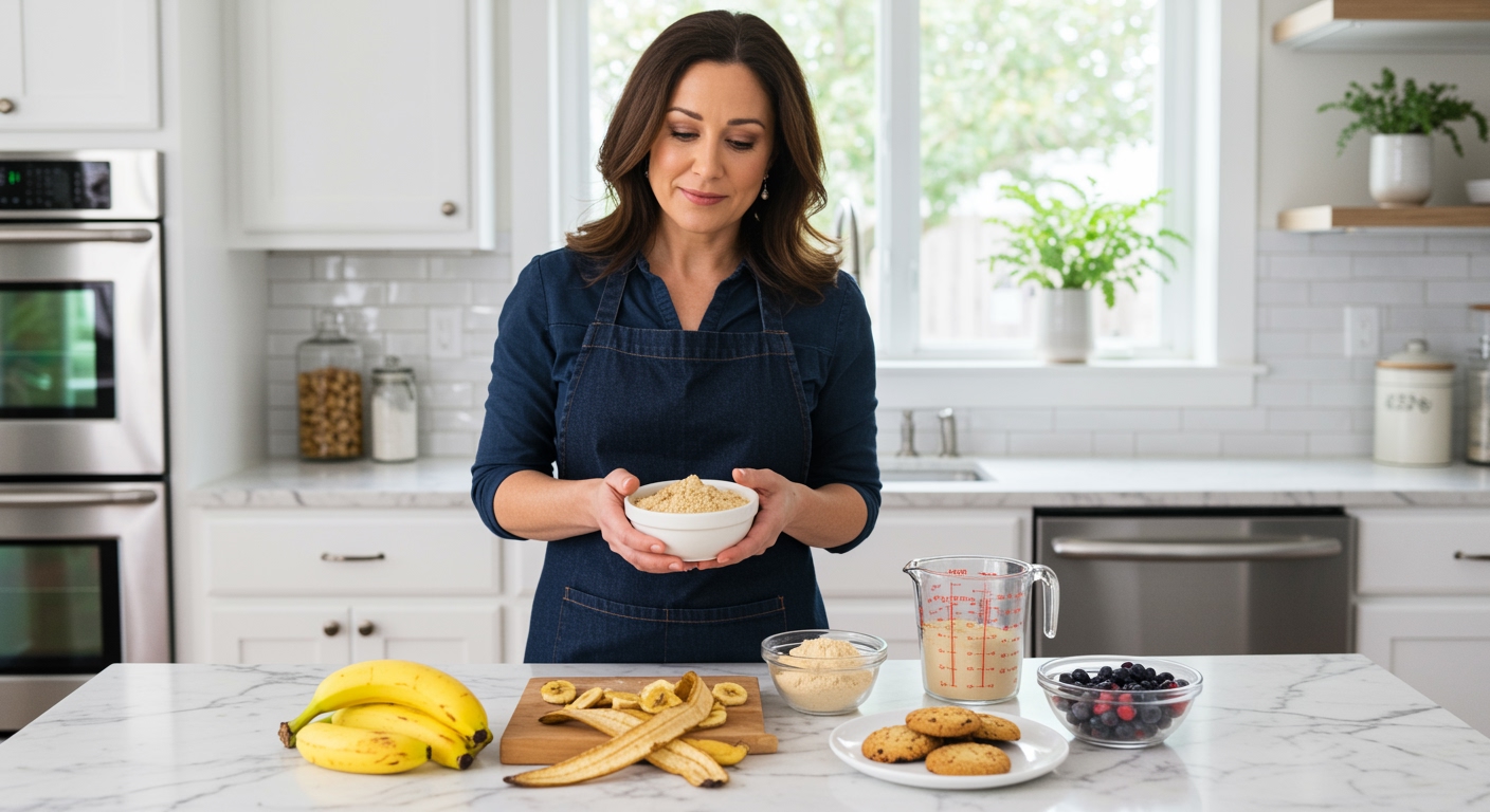 Woman holding banana peel flour bowl with bananas, dried peels, cookies, and measuring tools on marble countertop