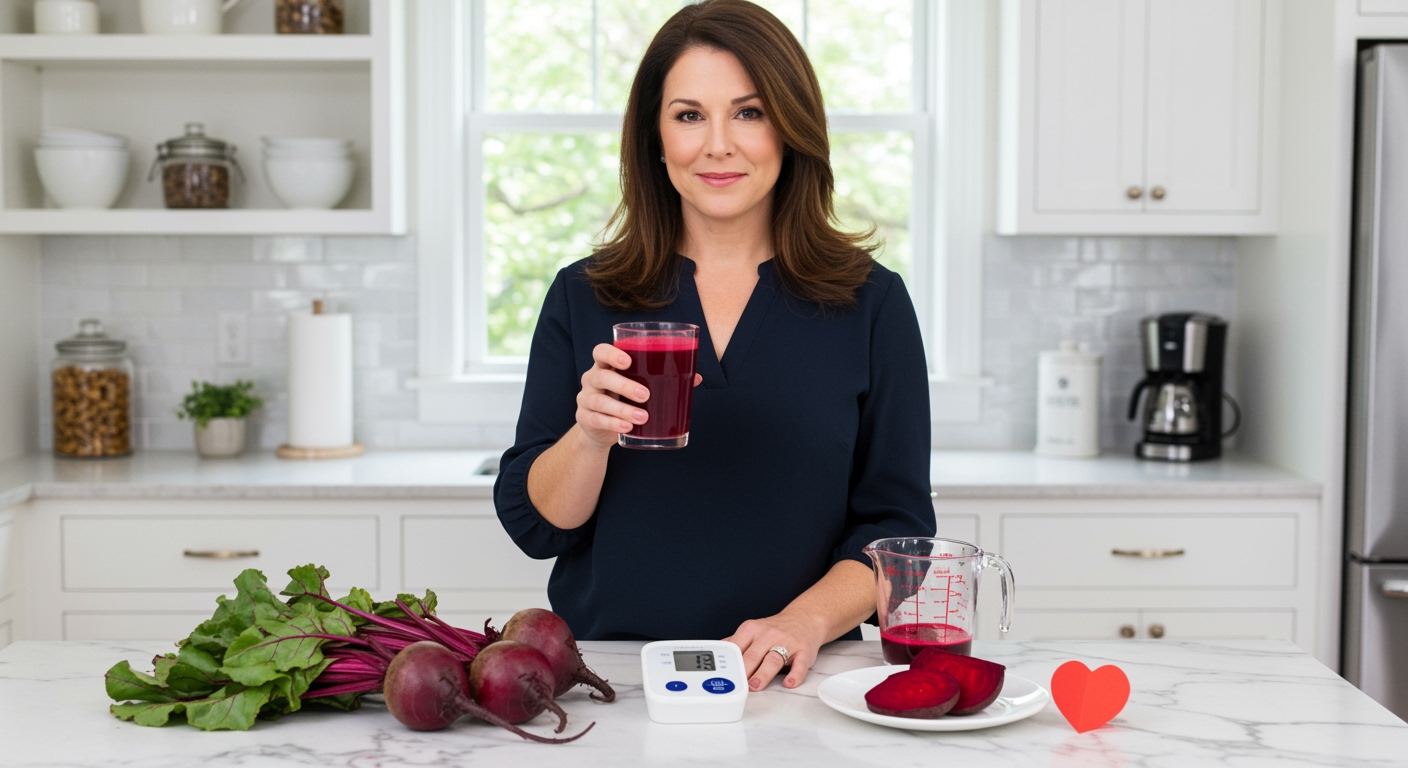 Woman holding glass of beet juice behind marble counter with fresh beetroots and blood pressure monitor in modern kitchen