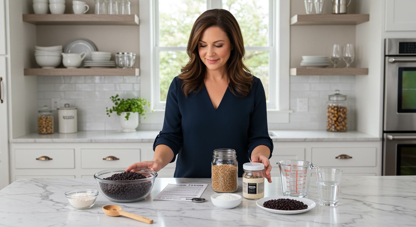 Woman arranging black beans and nutrition items on white marble countertop in bright modern kitchen setting