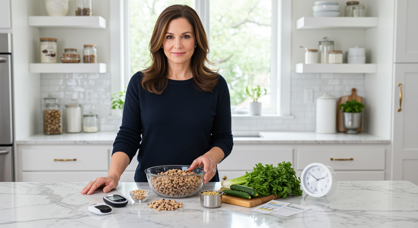 Middle-aged woman in navy sweater holding wooden spoon with cooked black-eyed peas and diabetes monitoring tools on marble counter
