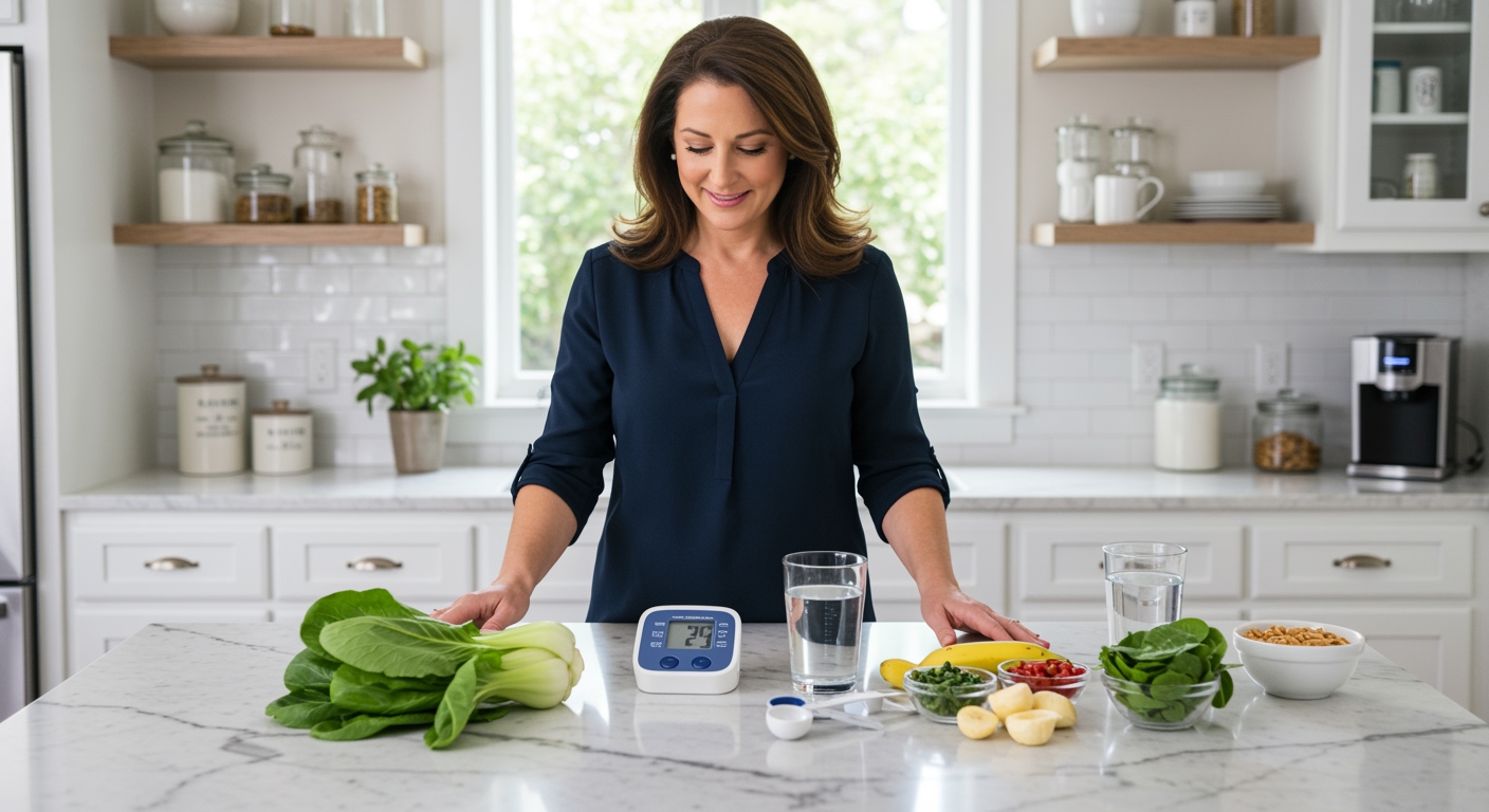 Middle-aged woman in navy blouse standing behind marble counter with bok choy, blood pressure monitor, and healthy foods in bright kitchen