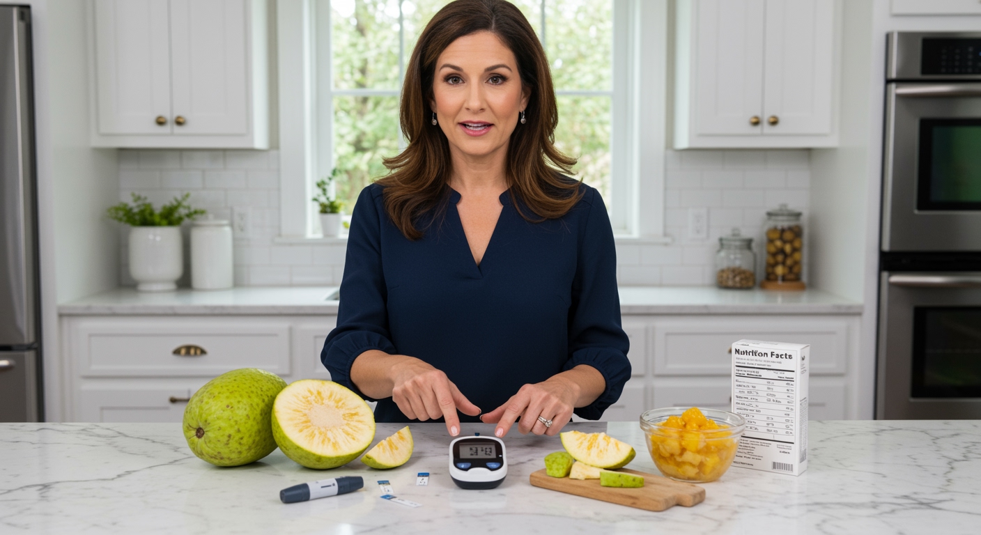 Middle-aged woman holding halved breadfruit while pointing to glucose meter on marble countertop with breadfruit pieces and testing supplies