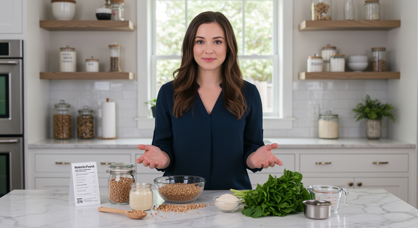 Young woman standing behind marble counter with buckwheat groats, flour, and vegetables in bright modern kitchen setting