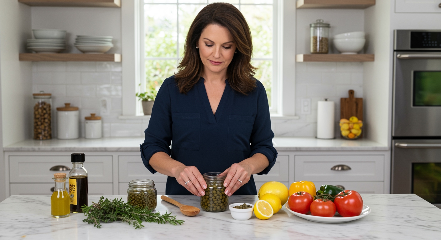 Woman opening jar of capers on marble countertop with Mediterranean ingredients including herbs, olive oil, and vegetables visible