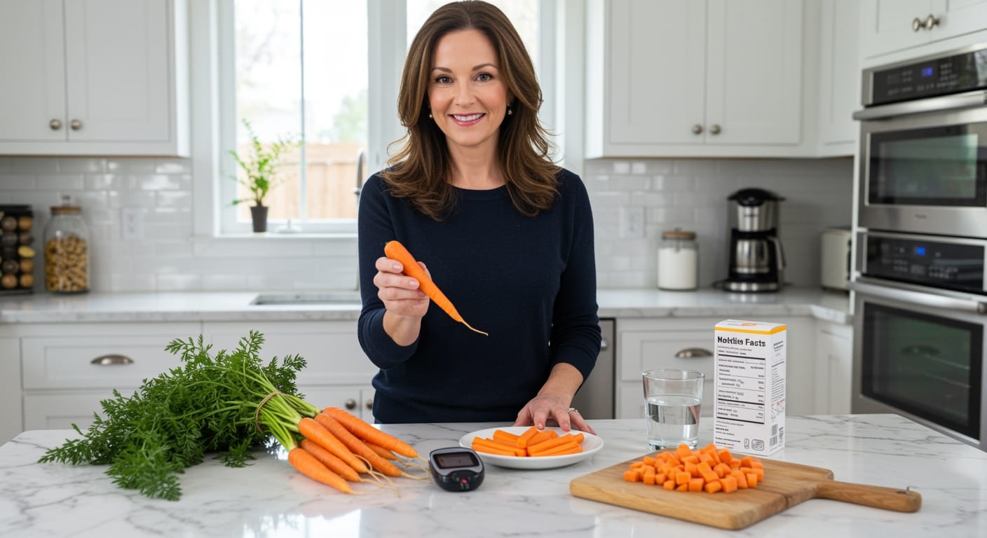 Woman holding fresh carrot behind marble counter with glucose meter, carrot sticks, and nutrition items in bright modern kitchen
