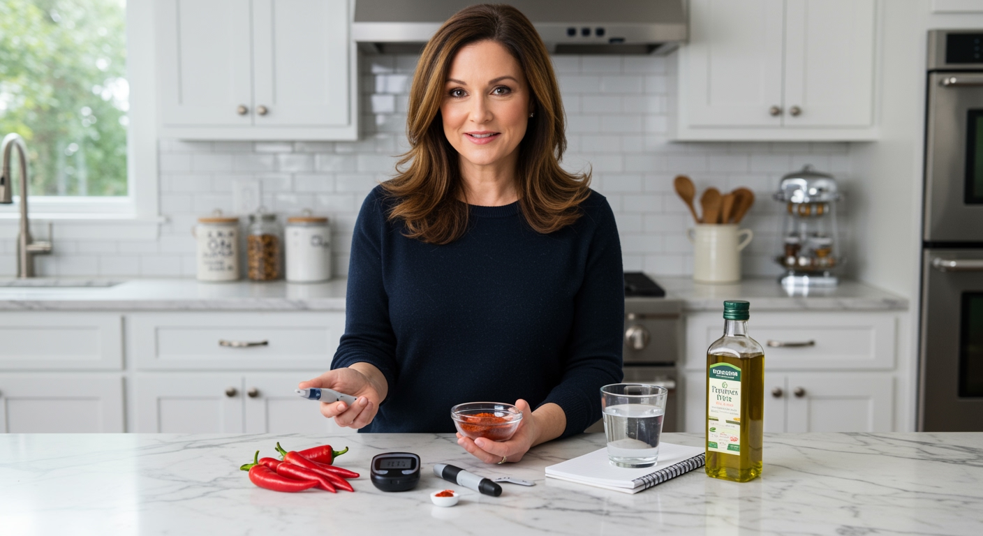 Woman holding cayenne pepper powder with diabetes monitoring equipment and spices on white marble kitchen counter