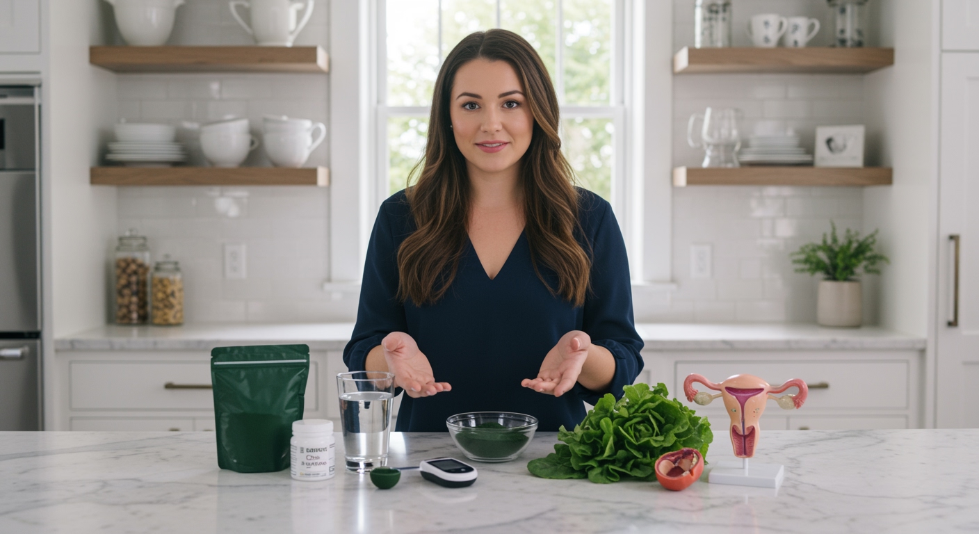 Woman standing behind marble countertop with chlorella powder, supplements, and health monitoring tools in bright modern kitchen