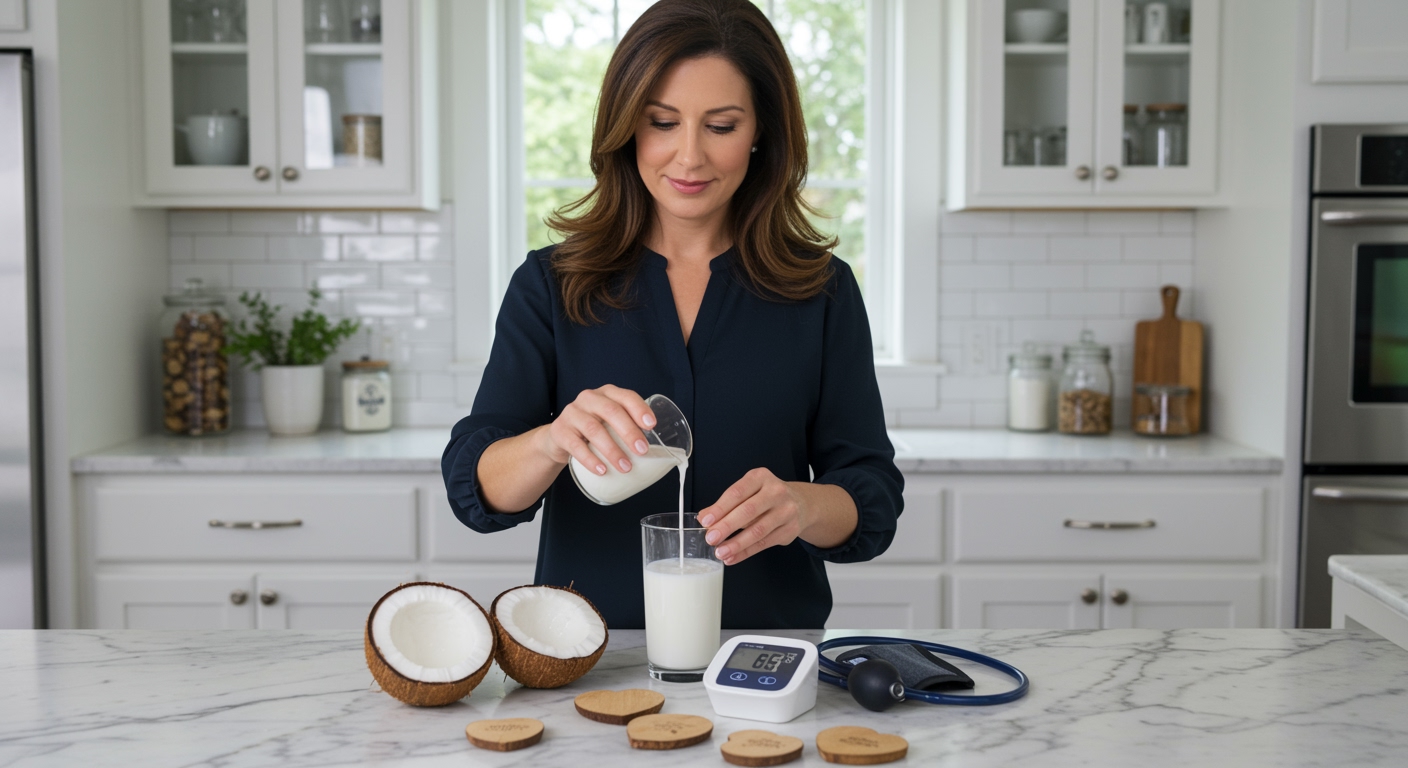 Woman pouring coconut milk into glass on marble counter with blood pressure monitor and heart symbols in modern kitchen