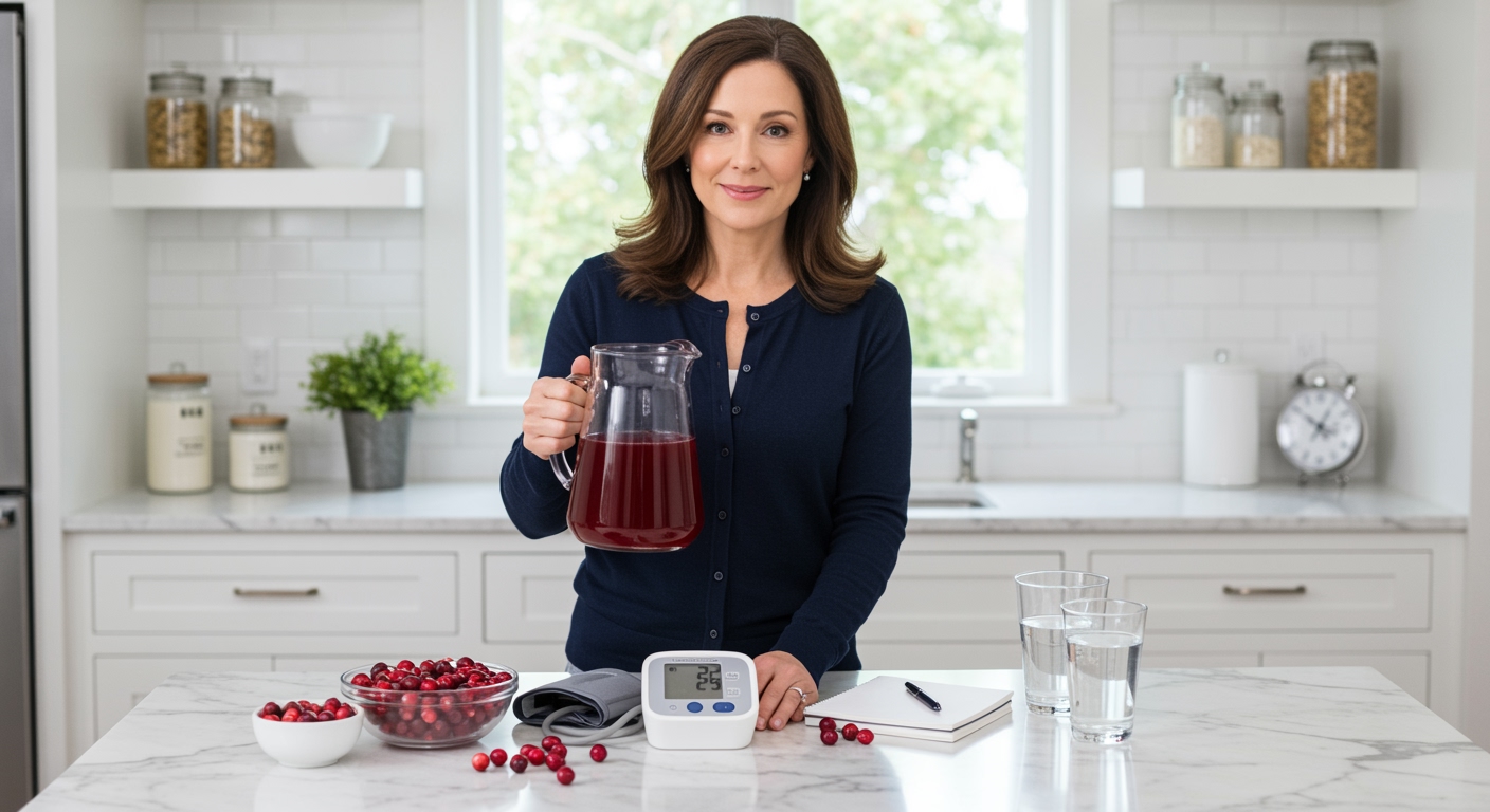 Woman holding cranberry juice pitcher with blood pressure monitor and fresh cranberries on marble kitchen counter