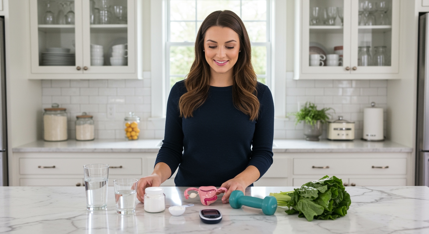 Woman arranging health items including creatine powder, glucose meter, and fresh vegetables on white marble countertop