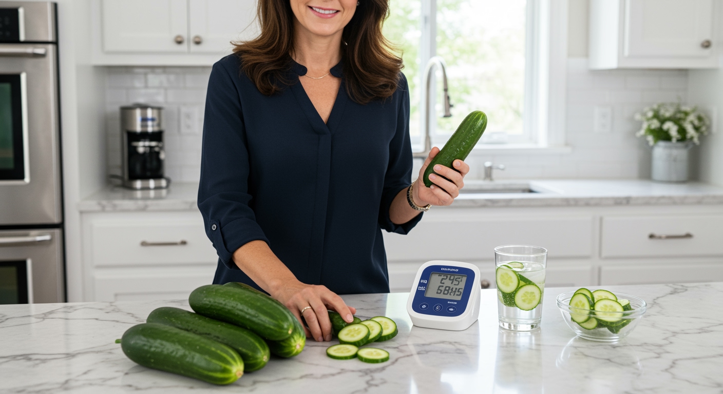 Woman holding cucumber next to blood pressure monitor on marble countertop with fresh cucumbers and cucumber water displayed