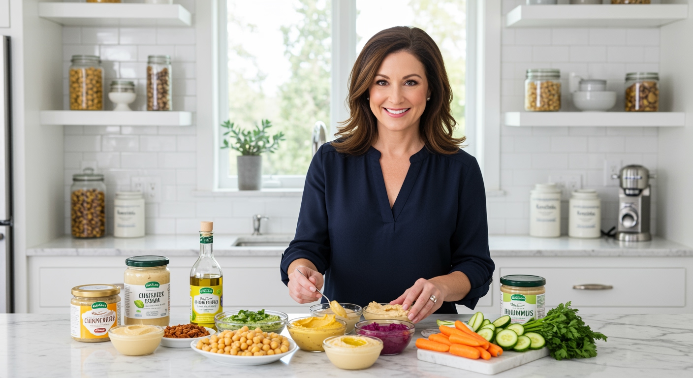 Woman arranging hummus bowls and fresh vegetables on marble countertop in bright modern kitchen setting