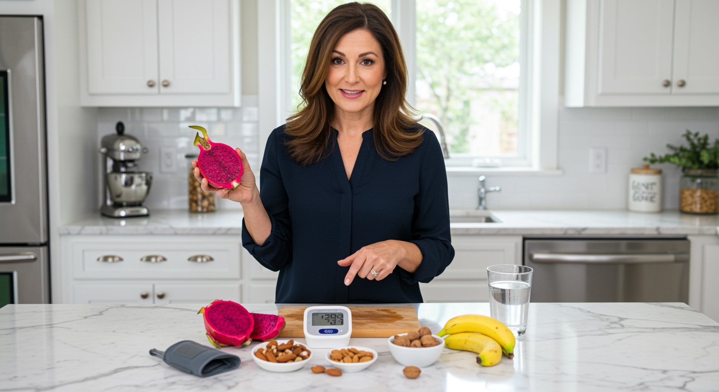 Woman holding halved dragon fruit behind marble counter with blood pressure monitor and heart-healthy foods in modern kitchen