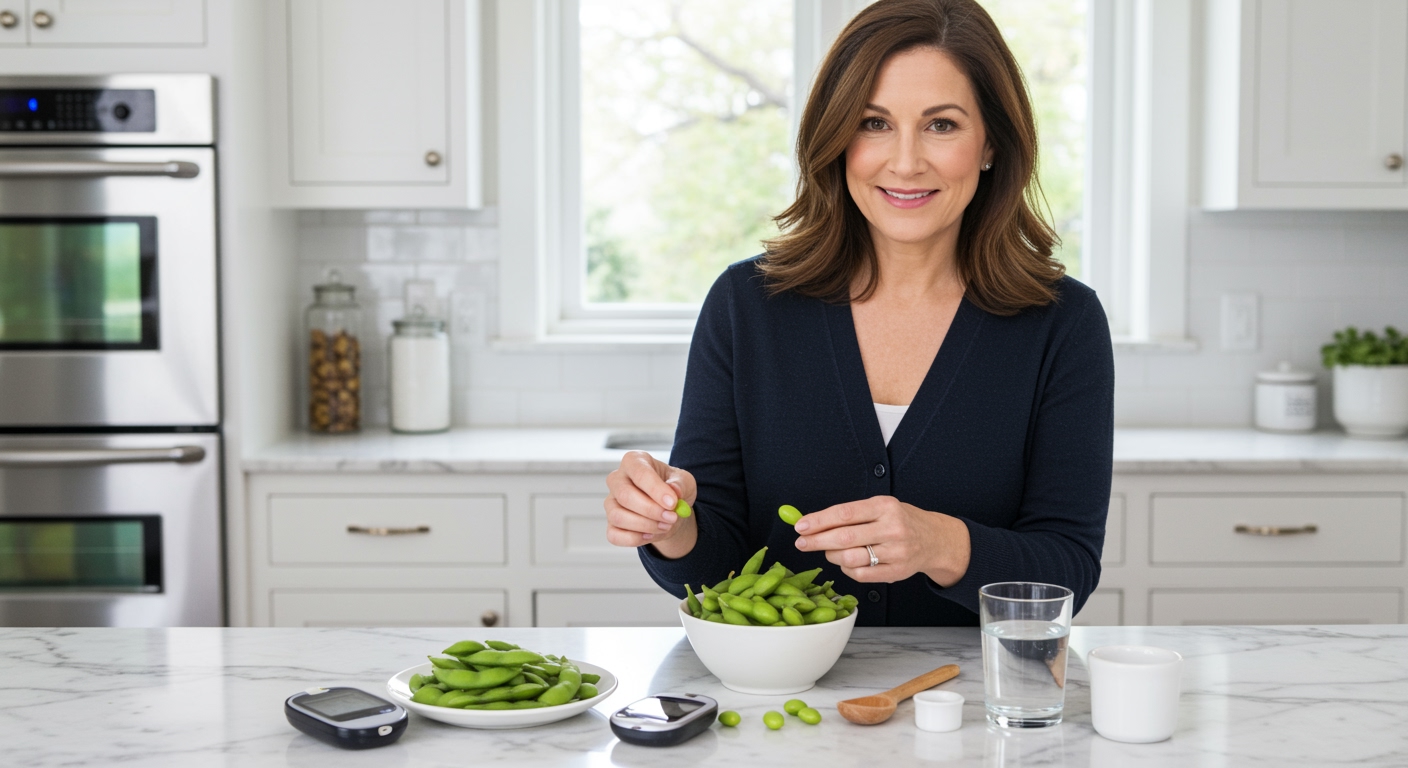 Middle-aged woman holding bowl of edamame pods while picking beans on white marble countertop with diabetes monitoring supplies