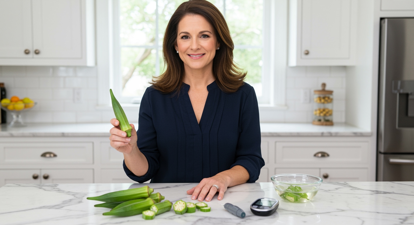 Middle-aged woman holding okra pod behind marble counter with sliced okra, okra water, and glucose meter in modern kitchen