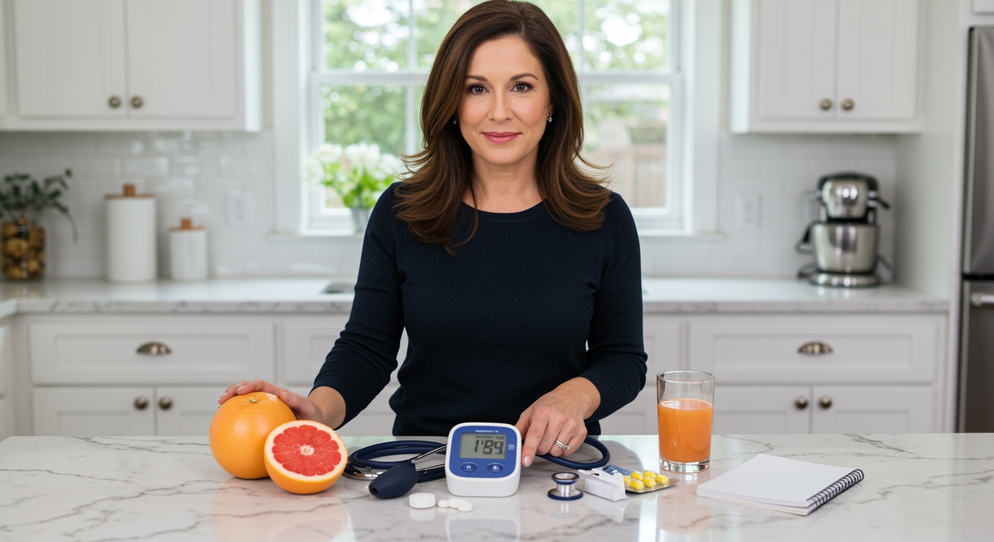 Woman holding halved grapefruit pointing to blood pressure monitor on marble counter with health items in modern kitchen