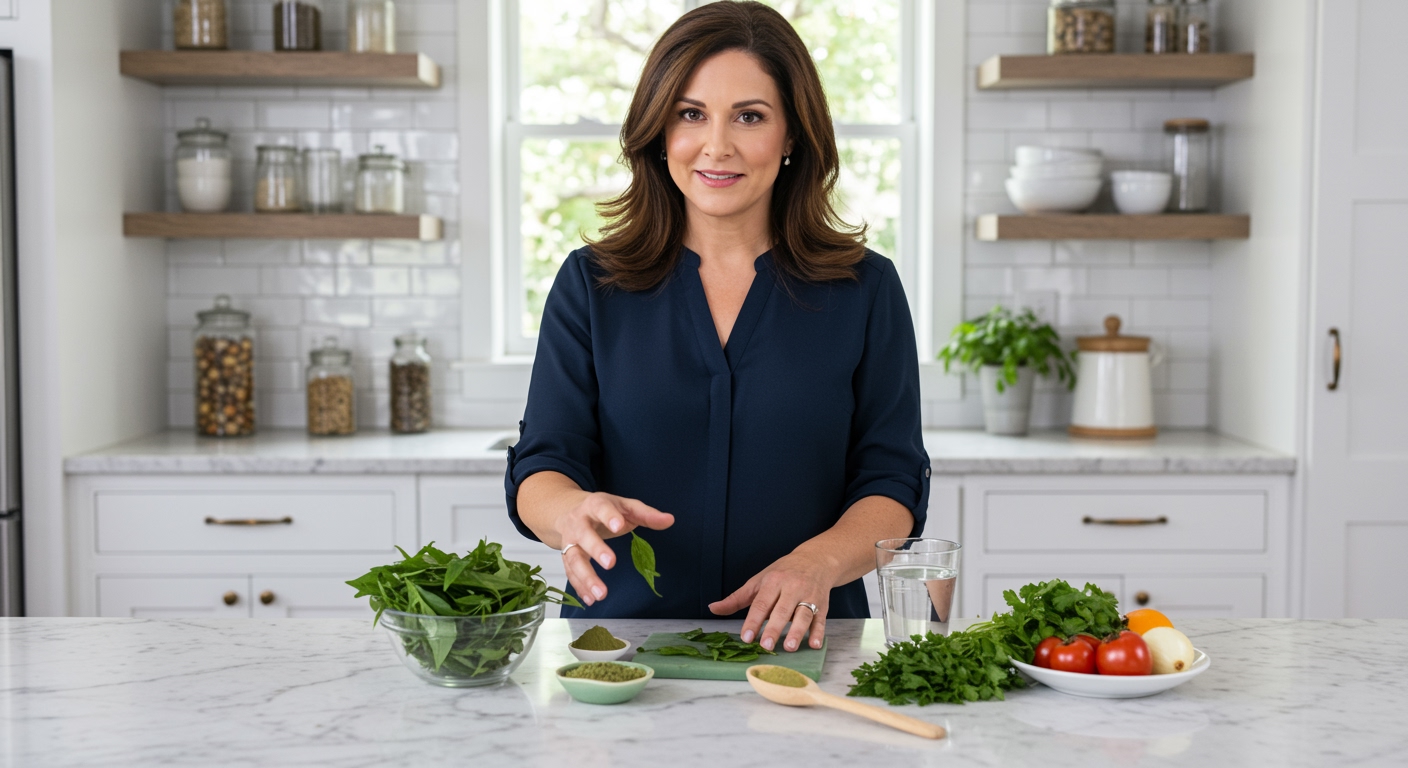 Woman standing behind marble counter with gymnema leaves, powder, and herbs in modern kitchen with natural lighting
