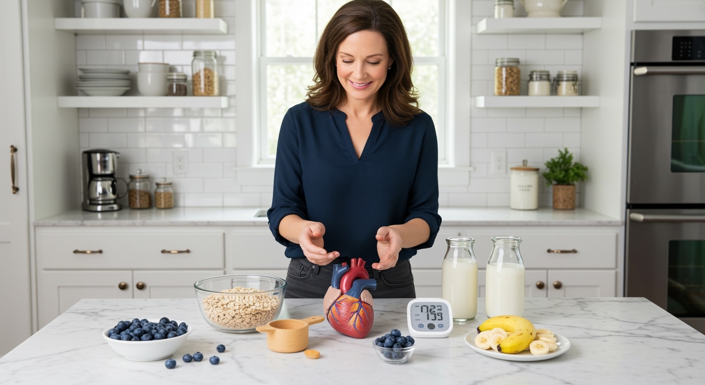 Woman holding measuring cup of oats behind marble counter with heart model, blood pressure monitor, and fresh fruits visible