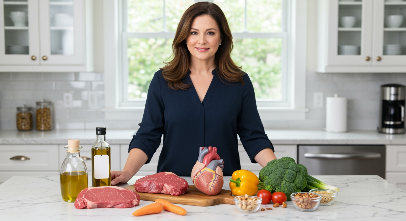 Middle-aged woman standing behind marble counter with raw steak, heart model, vegetables and cooking ingredients in modern kitchen