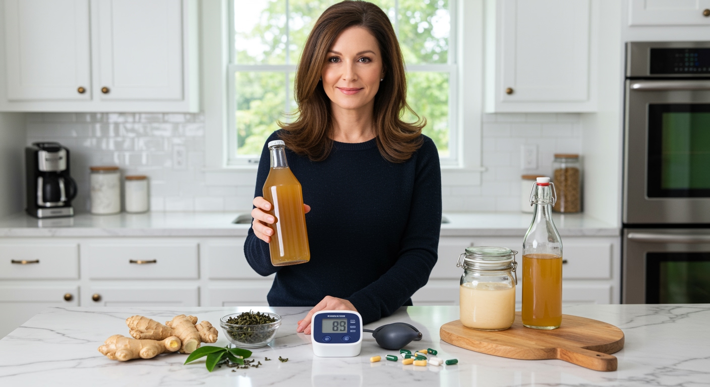 Woman holding kombucha bottle next to blood pressure monitor on marble countertop with fermentation ingredients in modern kitchen