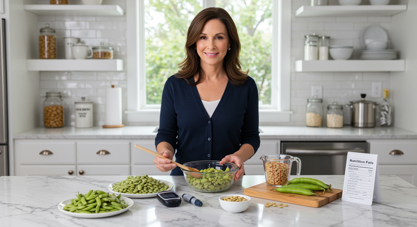 Middle-aged woman in navy cardigan standing behind marble counter with lima beans, glucose meter, and cooking utensils in bright kitchen