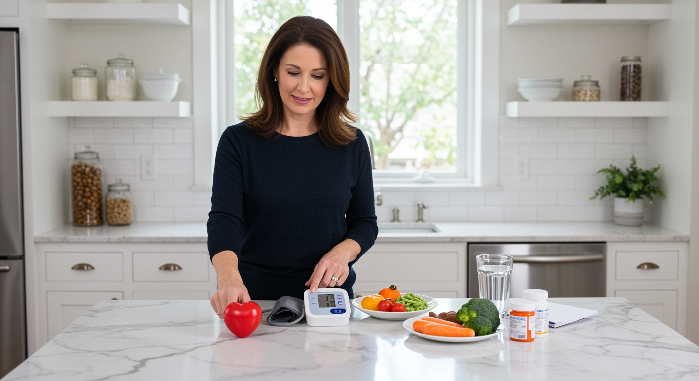 Middle-aged woman holding clock while pointing to blood pressure monitor and healthy meal items on marble countertop