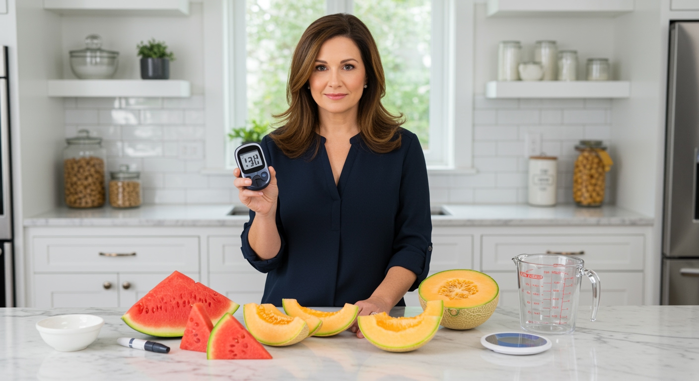 Woman holding glucose meter standing behind marble countertop with various melon types and measuring tools in modern kitchen