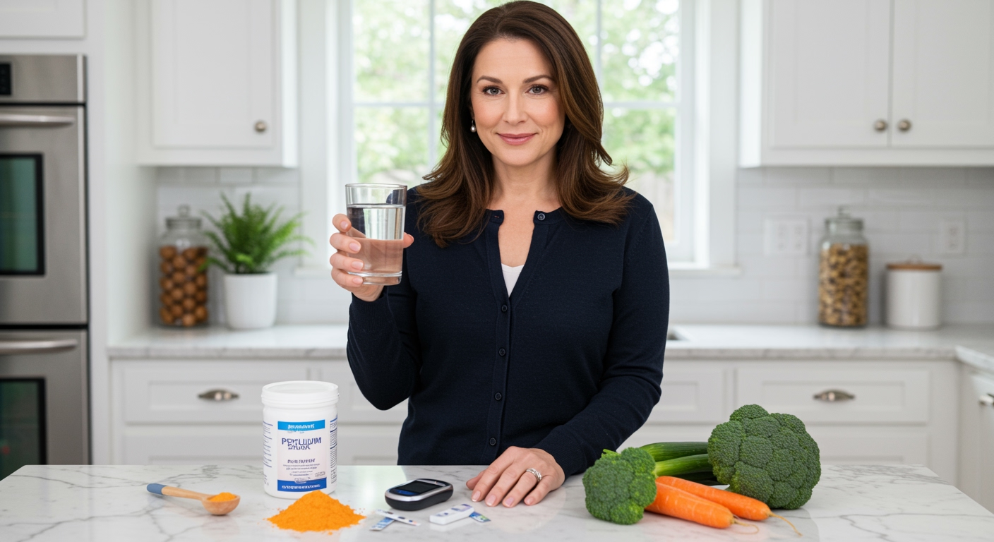 Woman holding water glass with psyllium powder and diabetes testing supplies on white marble kitchen counter
