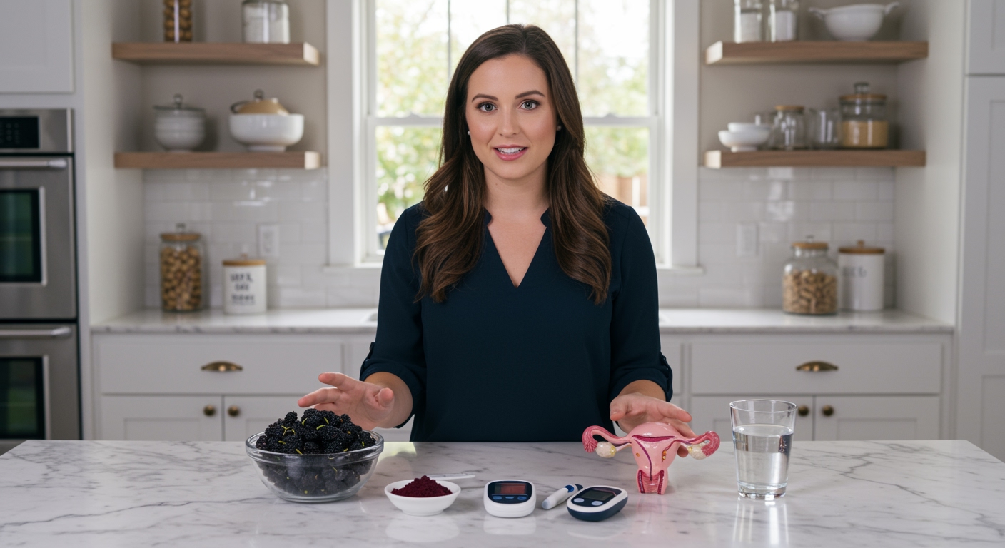 Young woman standing behind marble counter with fresh mulberries, health monitoring tools, and anatomical model in bright kitchen