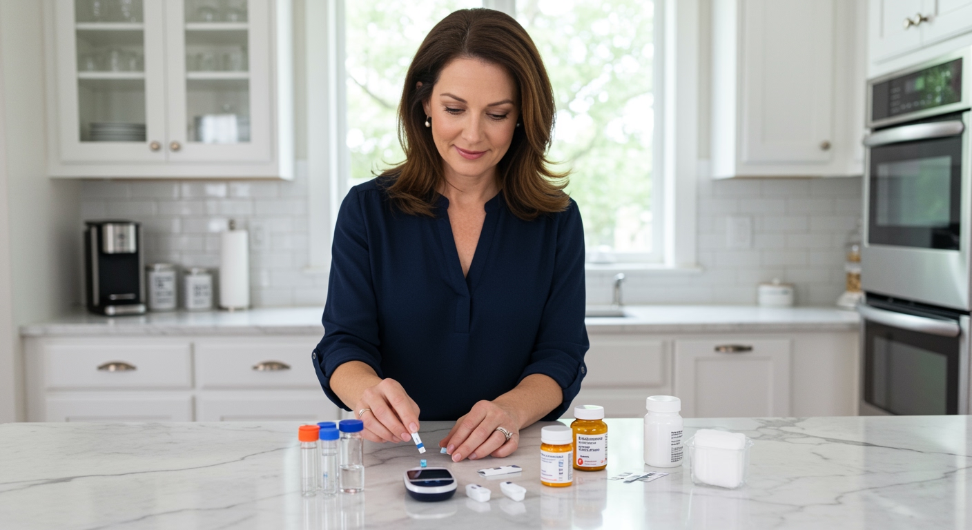 Woman handling glass vial and cotton swab on marble countertop with medical testing supplies in modern kitchen