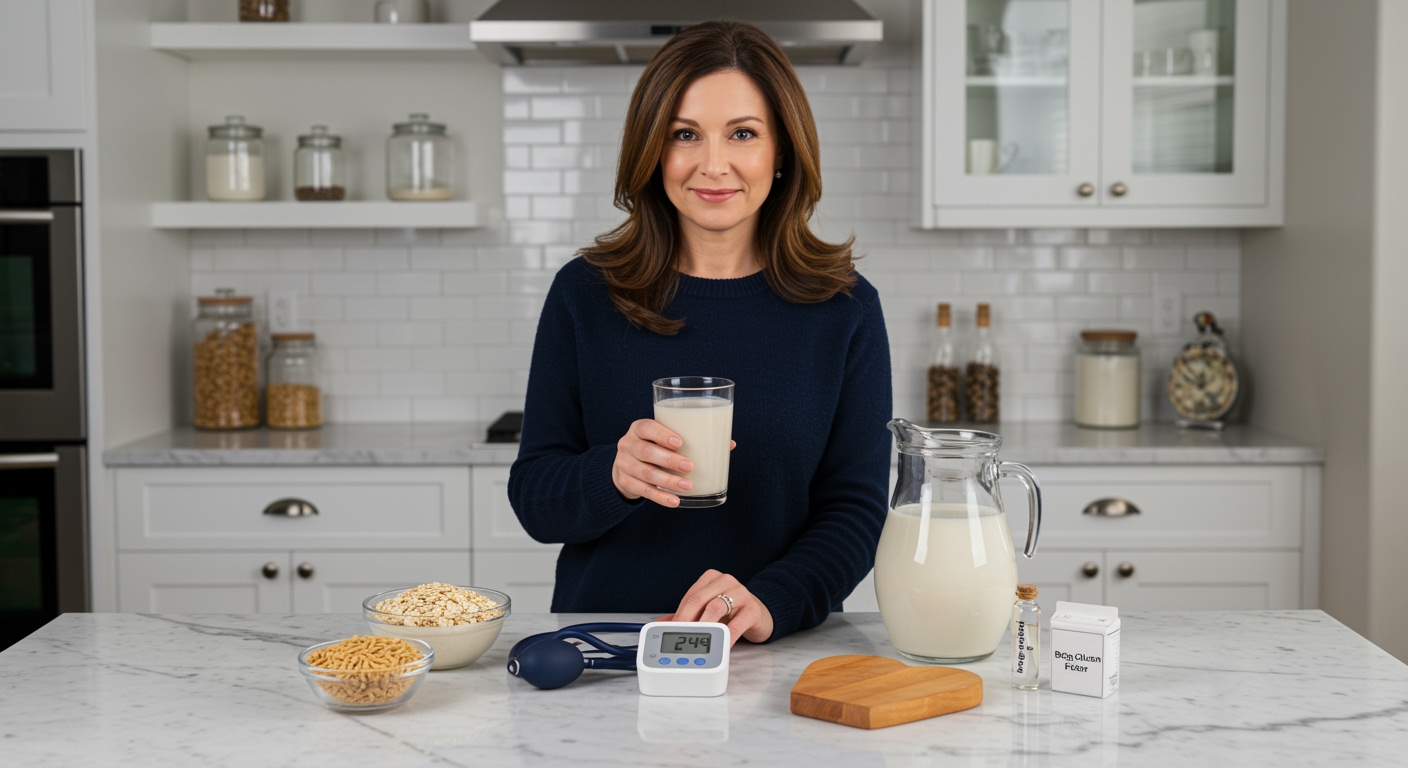 Woman holding glass of oat milk next to blood pressure monitor with oats and heart health items on marble countertop