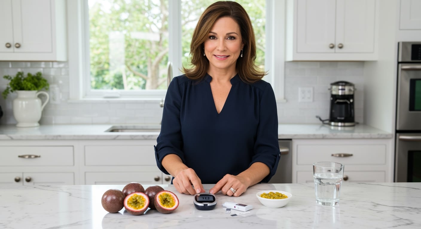 Woman holding halved passion fruit behind marble counter with glucose meter and testing supplies in modern kitchen
