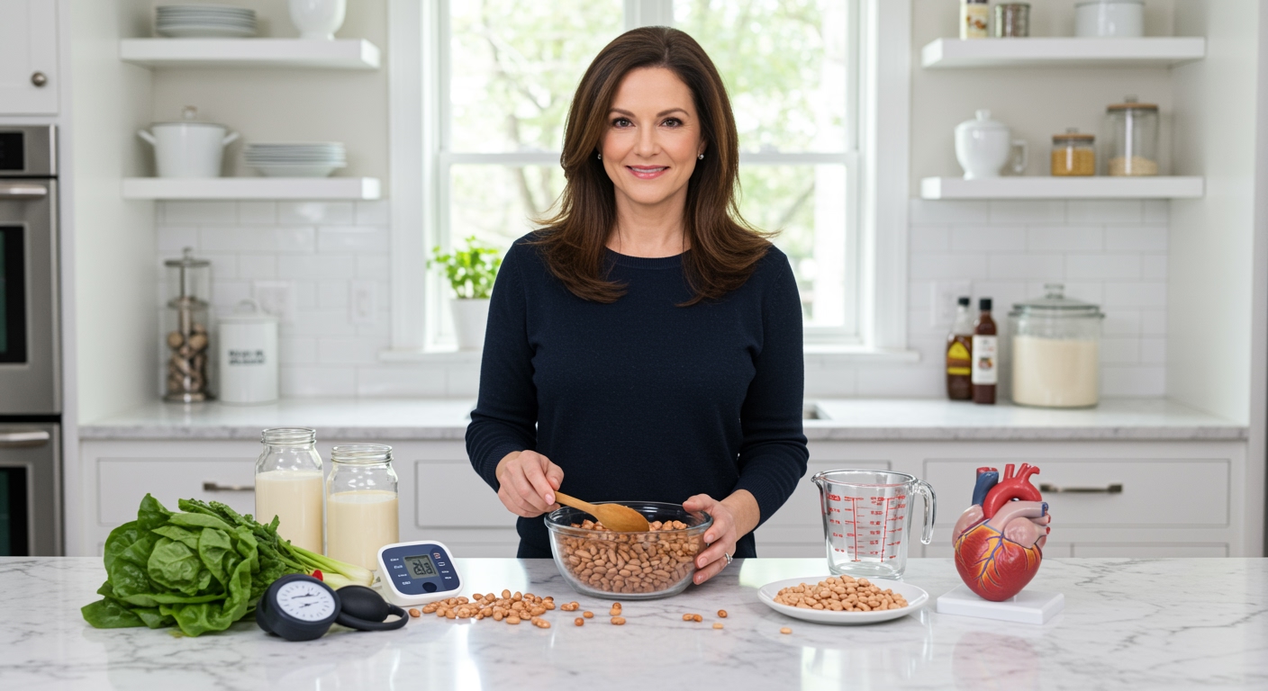 Middle-aged woman in navy sweater standing behind marble countertop with pinto beans, vegetables, and blood pressure monitor