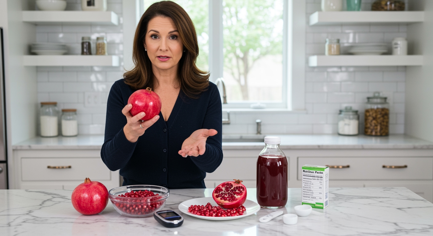 Middle-aged woman holding pomegranate behind marble counter with glucose meter and pomegranate products in modern kitchen