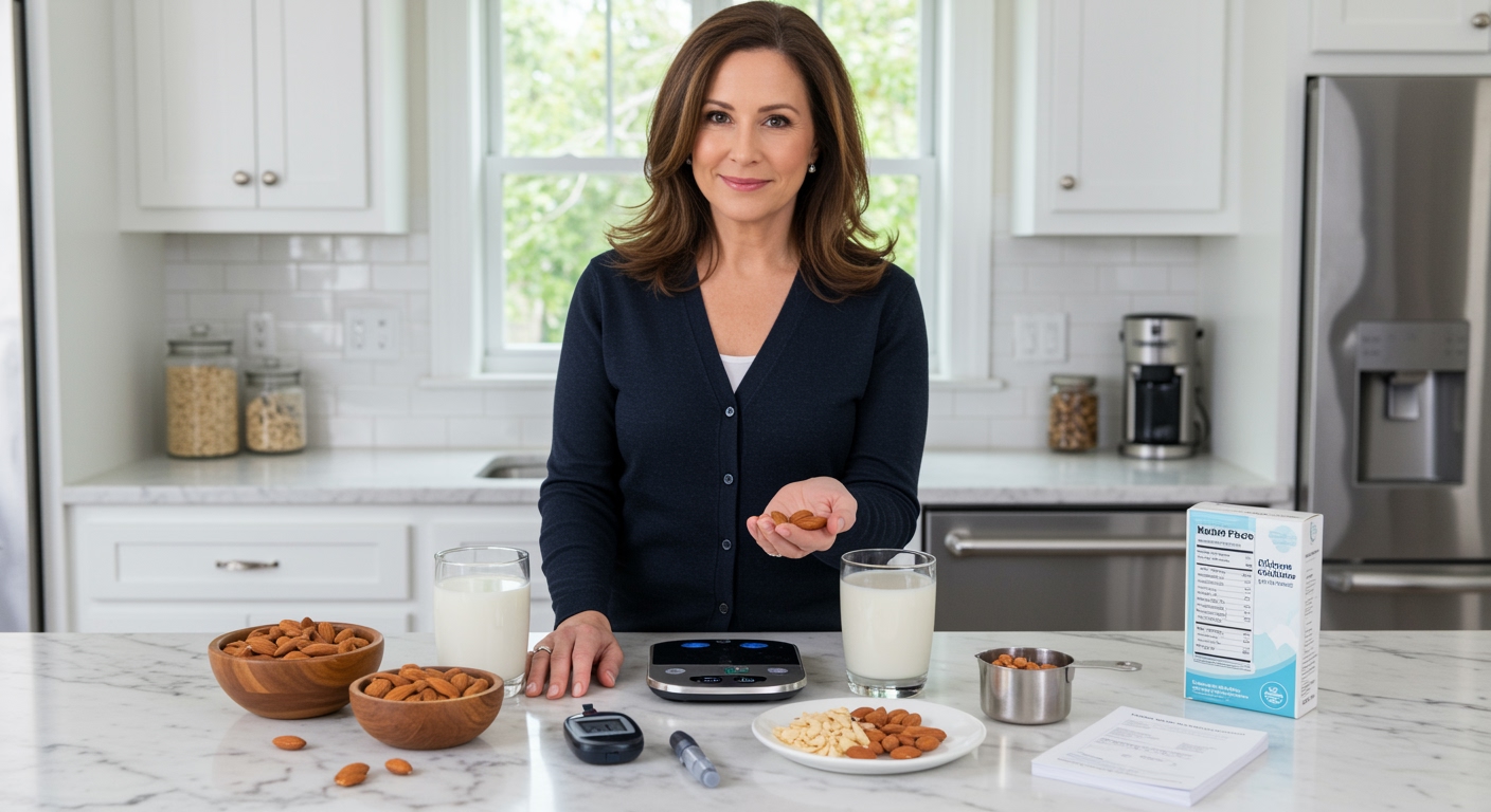 Middle-aged woman holding almonds behind kitchen counter with blood glucose meter and diabetes management tools visible