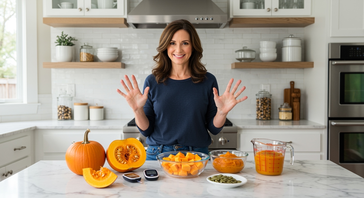 Woman standing behind marble counter with whole pumpkin, cut pumpkin, glucose meter, and pumpkin preparations in bright kitchen