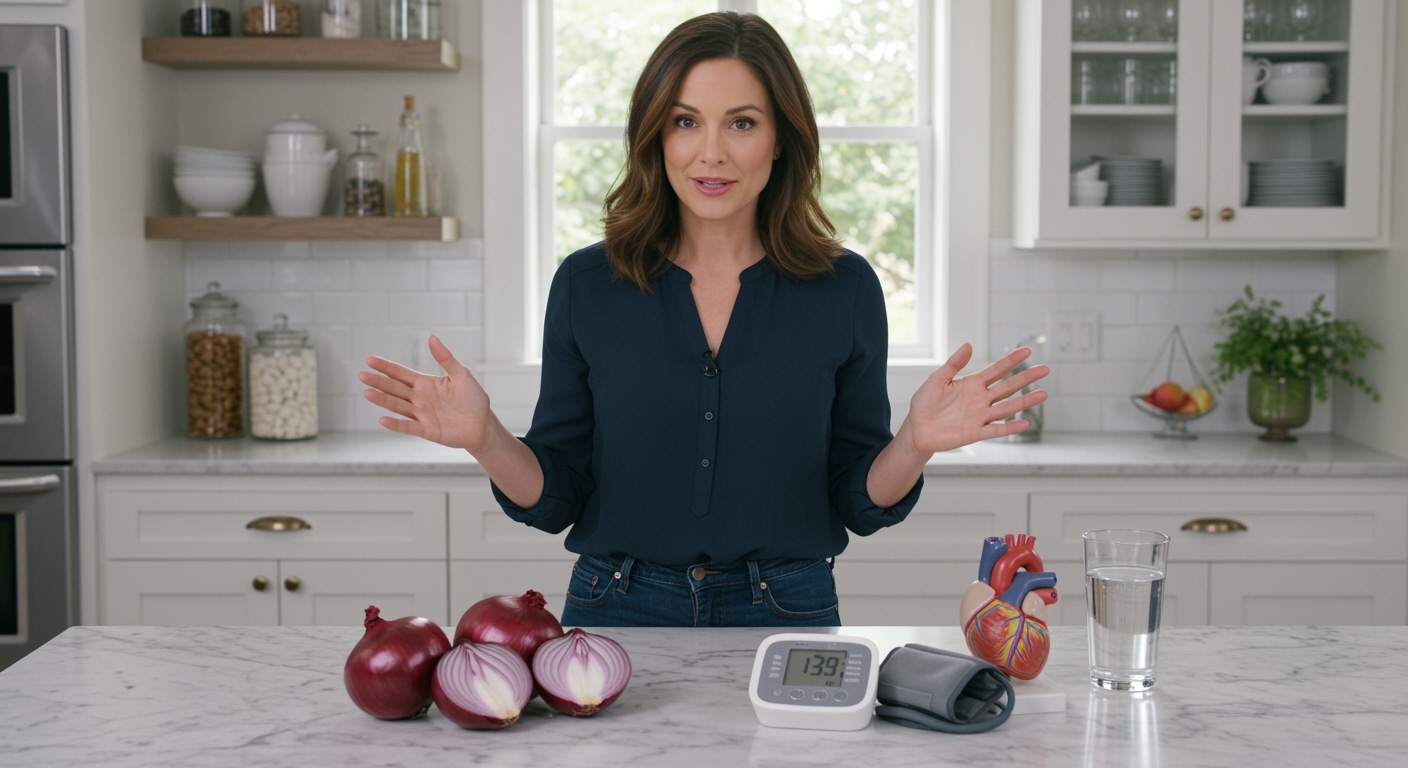 Woman standing behind marble counter with raw onions, blood pressure monitor, heart model, and water glass in bright kitchen