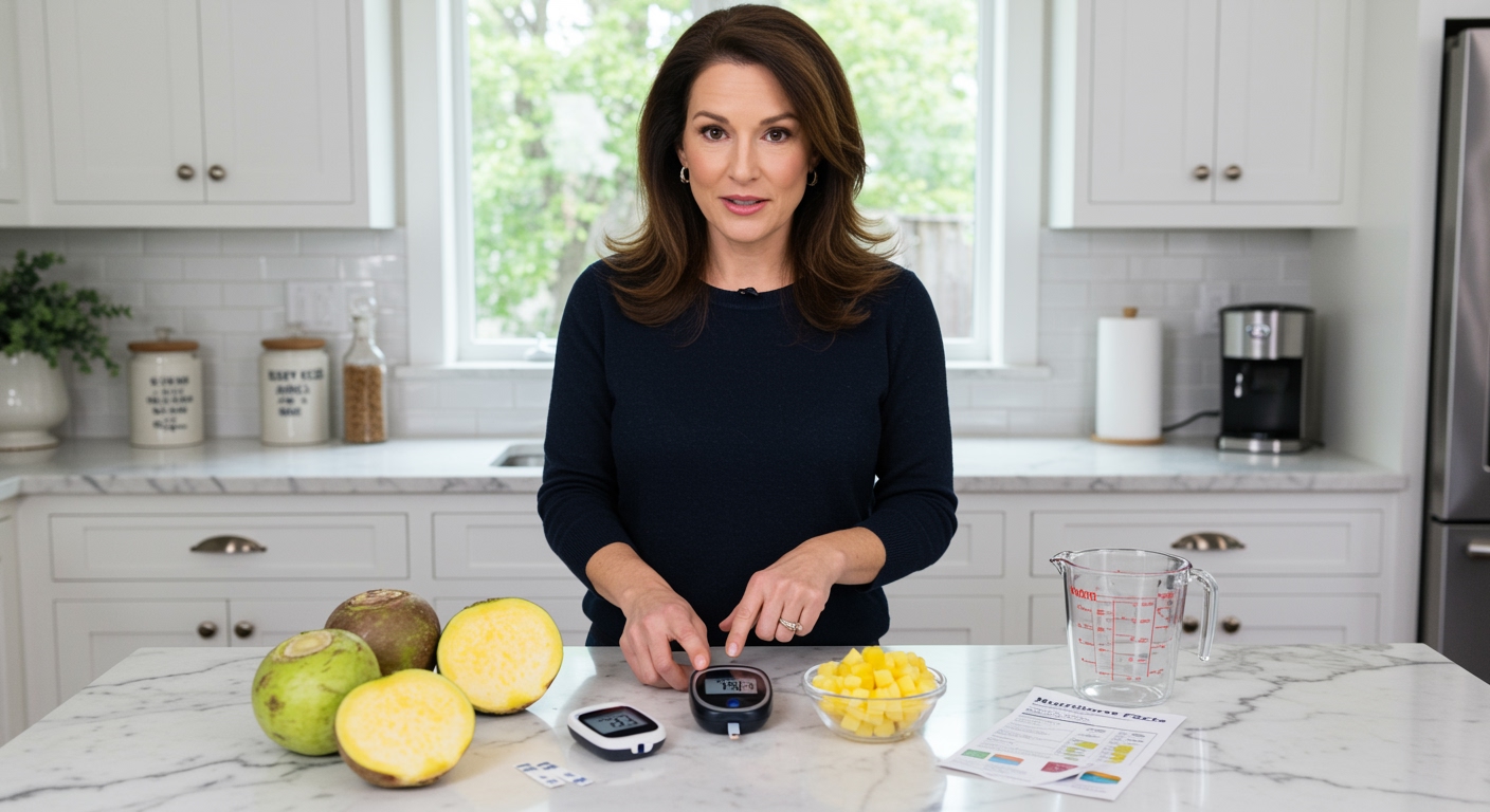Middle-aged woman holding rutabaga behind marble countertop with glucose meter and nutrition testing materials in modern kitchen