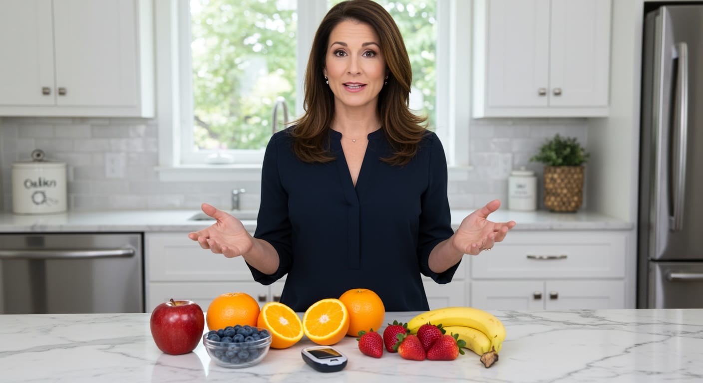 Woman standing behind marble counter with fresh fruits and glucose meter in bright modern kitchen setting