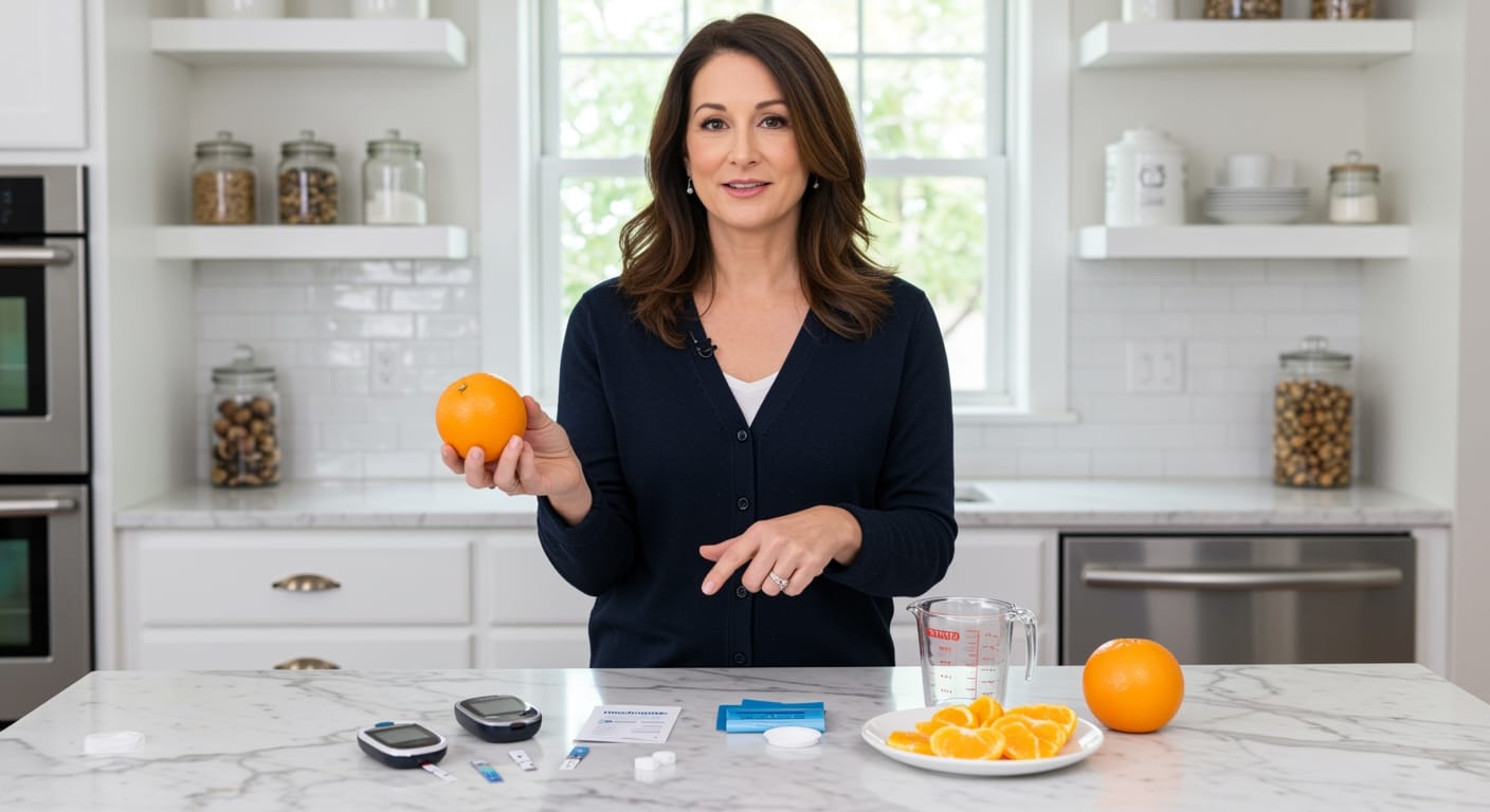 Woman holding orange behind marble countertop with glucose meter and orange slices in bright modern kitchen setting
