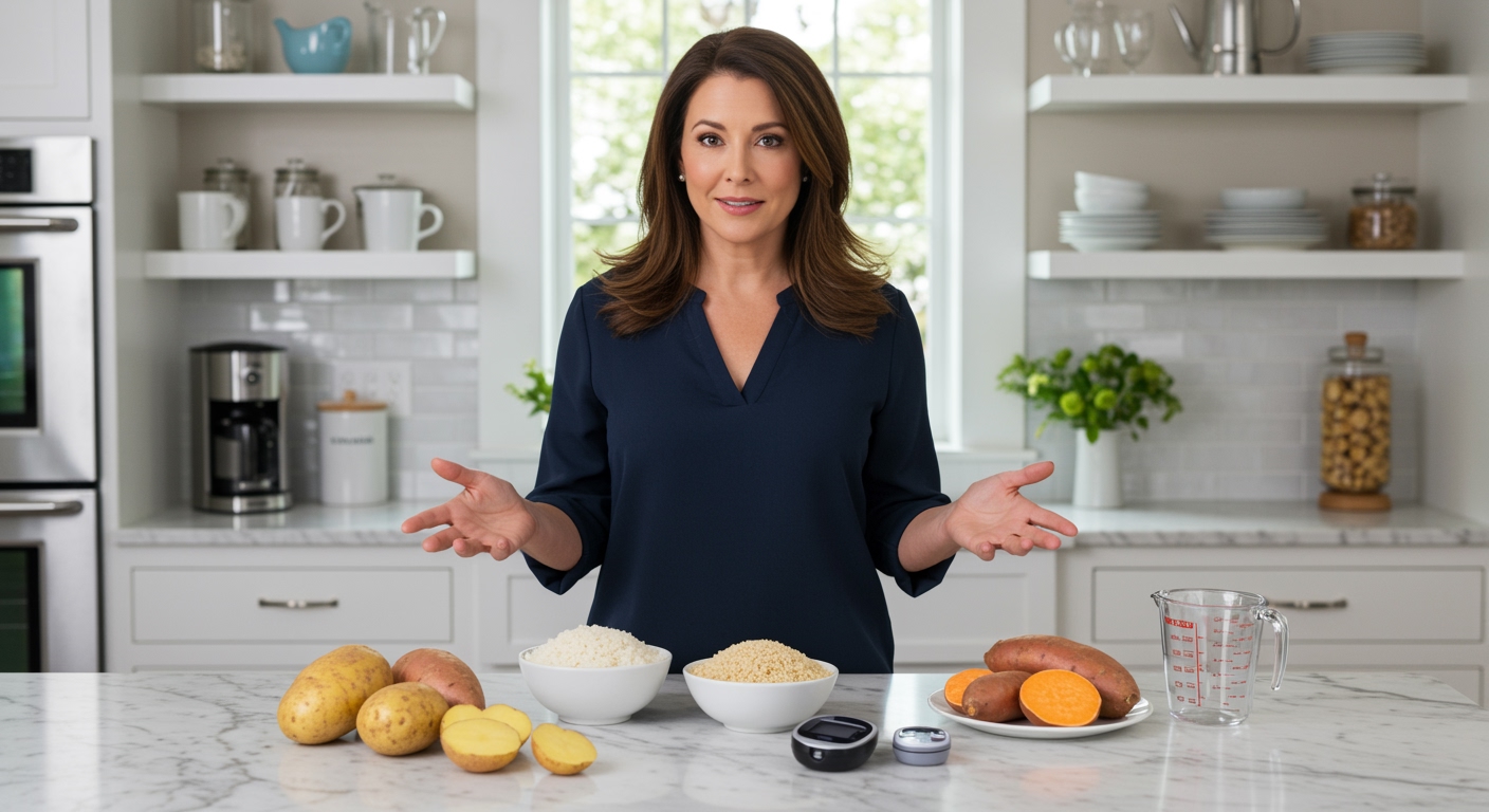 Woman standing behind marble counter displaying potatoes, rice varieties, and measuring tools in bright modern kitchen