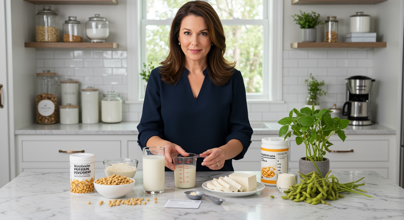 Woman standing behind marble counter with hands positioned around glass of soy milk and various soy products in bright kitchen