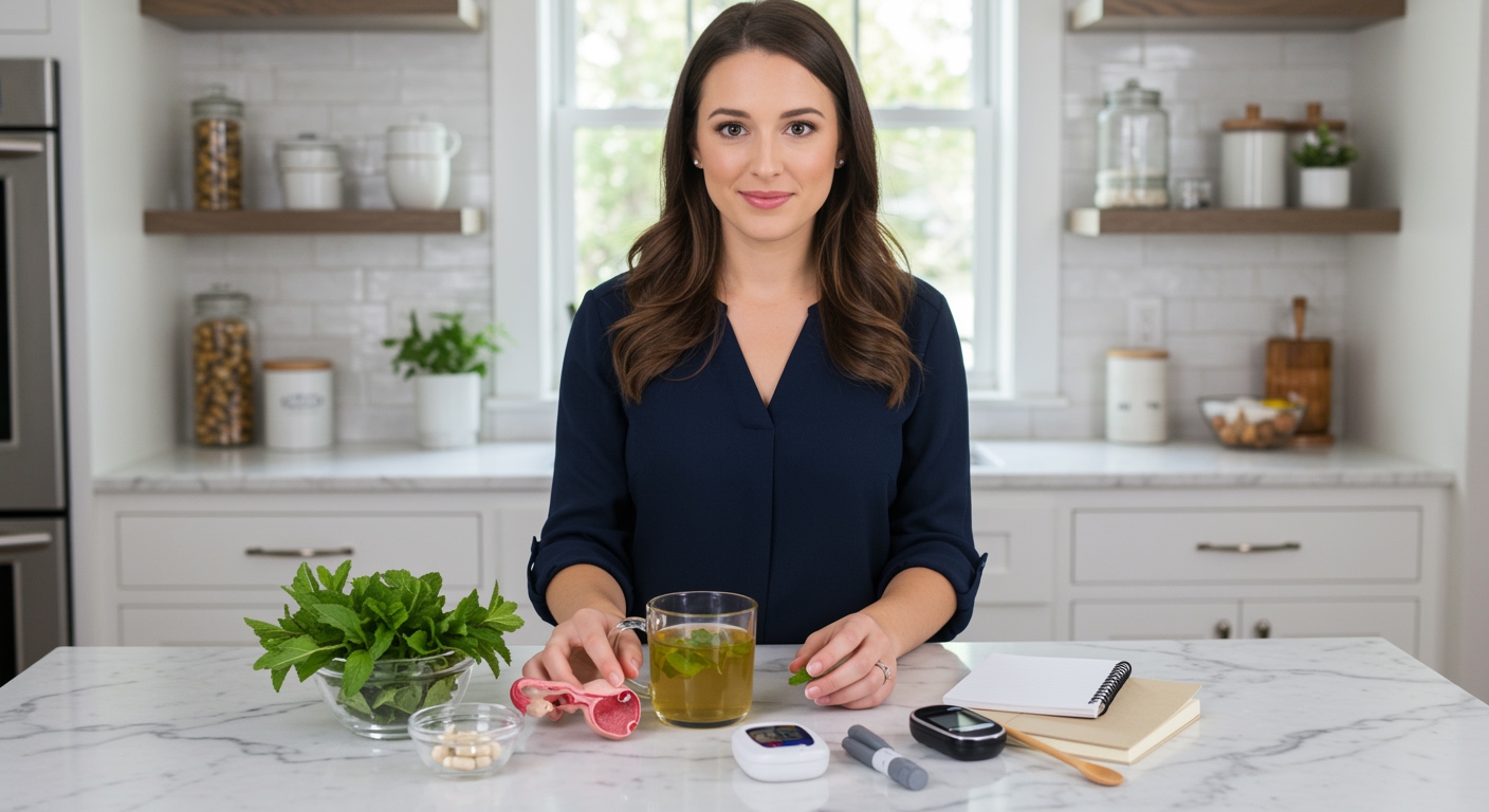 Woman standing behind marble counter with spearmint leaves, tea mug, ovary model, and PCOS management items in bright kitchen