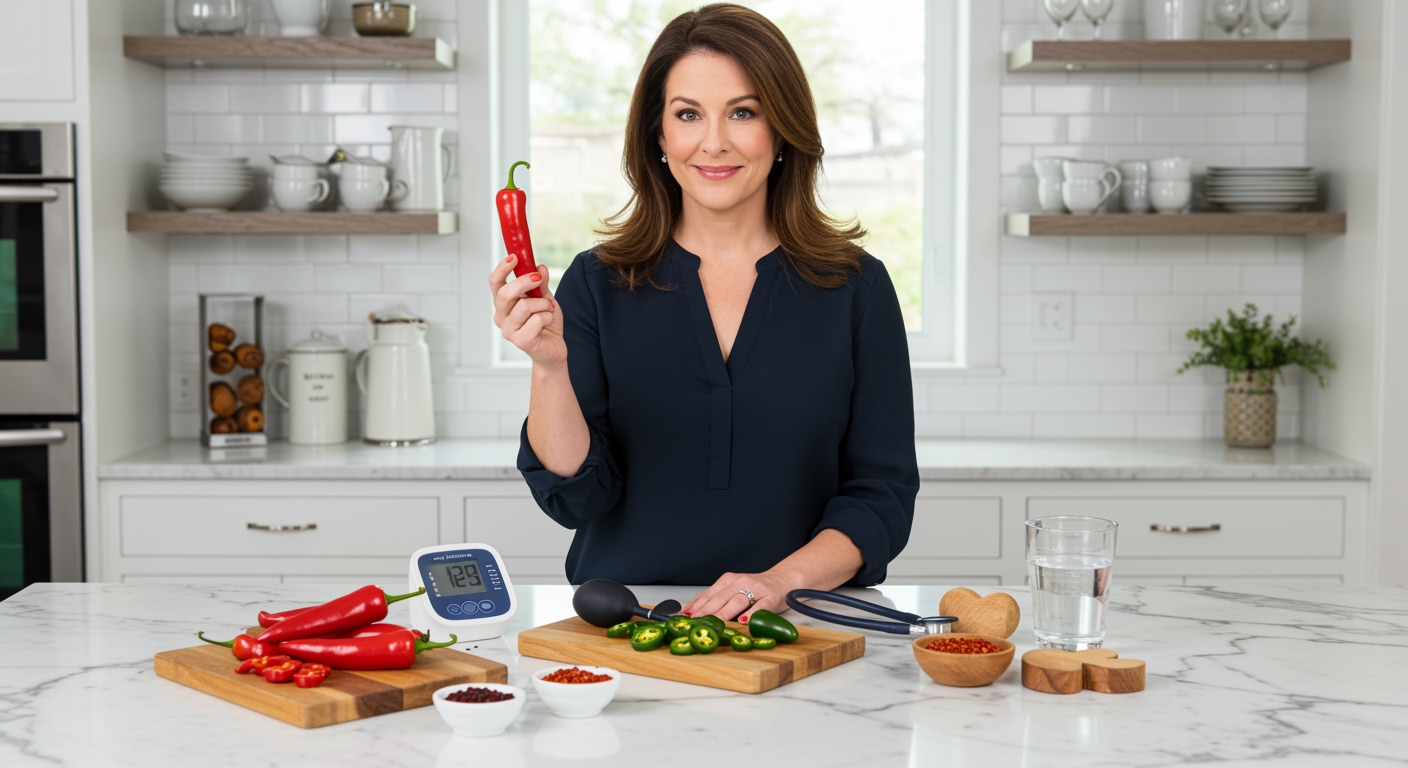 Woman holding red chili pepper behind marble counter with blood pressure monitor and various spicy foods in modern kitchen
