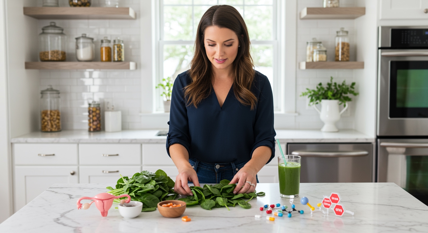 Woman arranging fresh spinach leaves and health symbols on white marble counter in bright modern kitchen setting