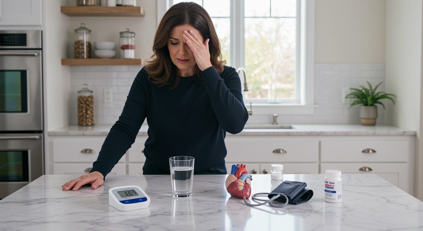 Woman standing behind marble counter touching forehead with blood pressure monitor and medical tools visible in bright kitchen