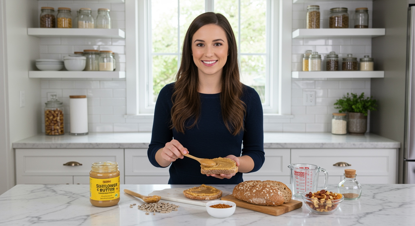 Woman spreading sunflower butter on bread with jar, seeds, and nutrition items on marble countertop in bright kitchen
