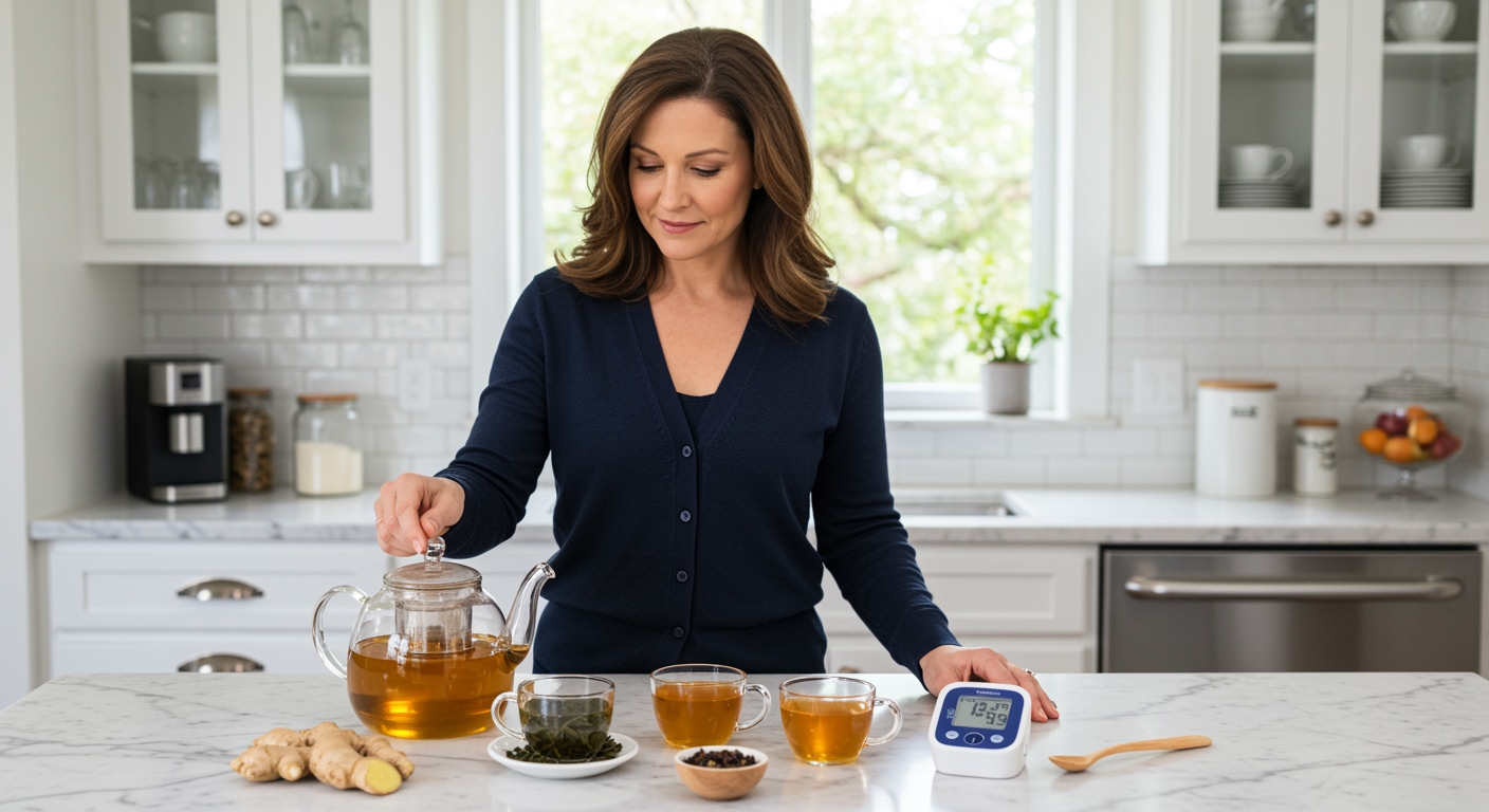 Woman holding glass teapot behind marble counter with various teas, blood pressure monitor, and herbs in modern kitchen